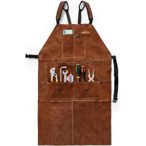 image:imageYESWELDER Leather Welding Work Shop Apron with 6 Pockets Heat Flame Resistant Cowhide Welder Apron Heavy Duty Blacksmith Aprons Adjustable for Welders Men Women Length 41